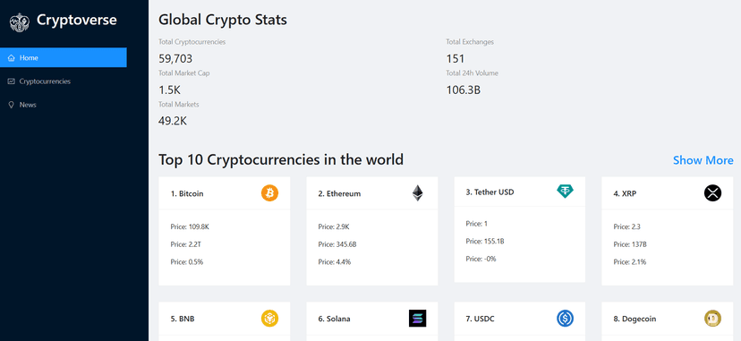 Captura de pantalla del proyecto Cryptoverse